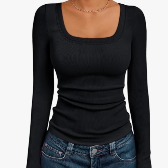 Square Neck Black Ribbed Long Sleeve Top Small - Picture 3 of 4